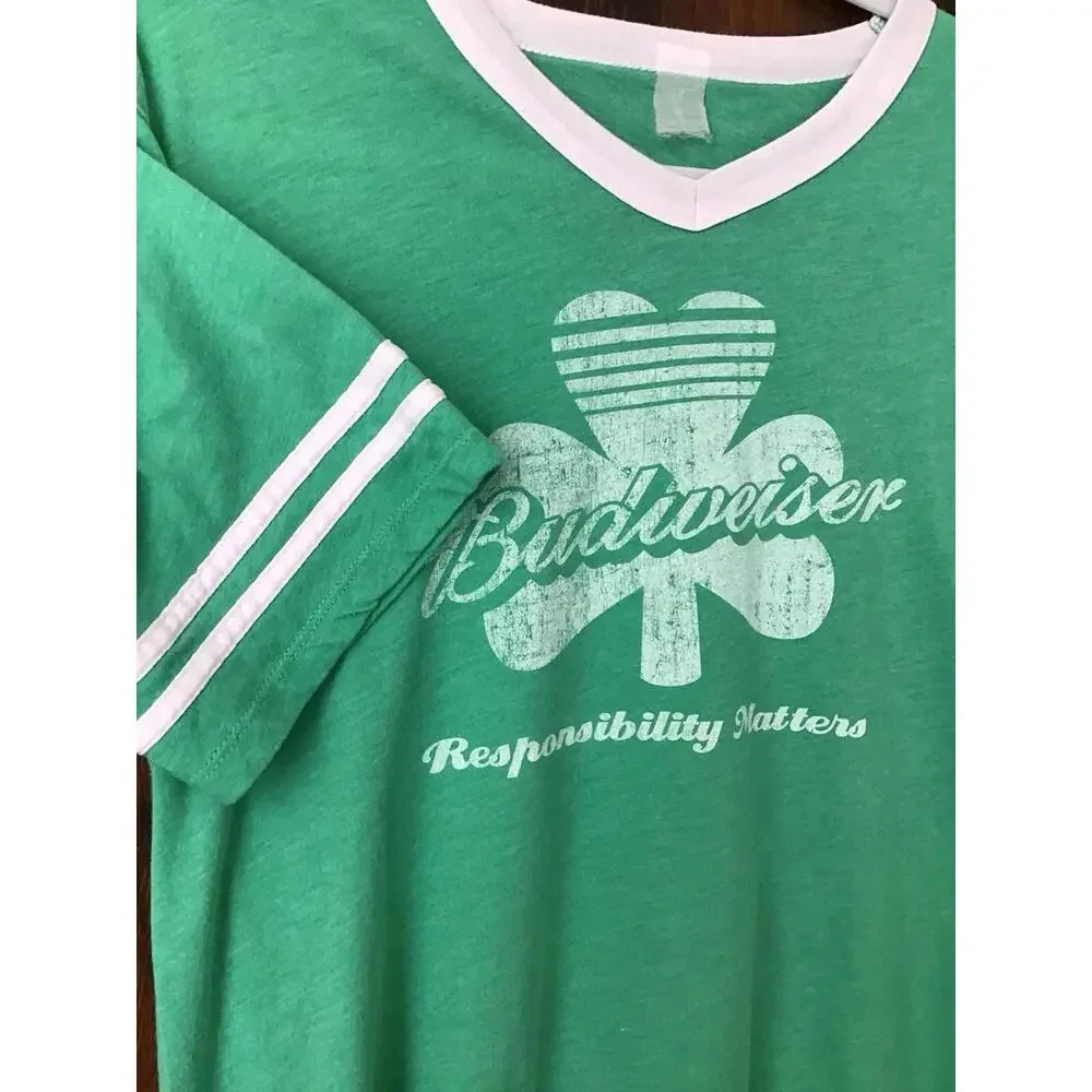 Rare Saint Patricks Day 1980’s Budweiser Vintage Ringer T-shirt Shamrock Sz M - Picture 4 of 5